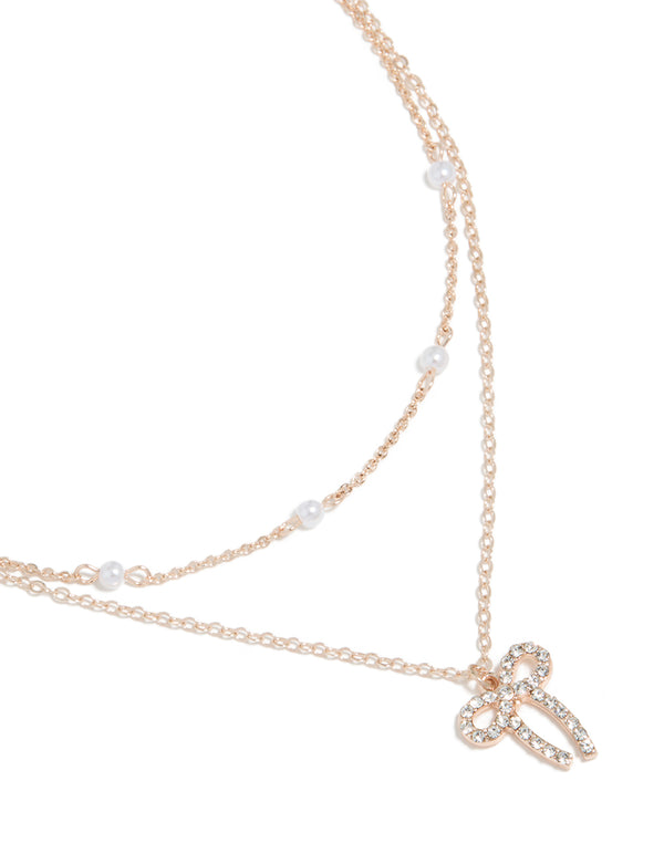 Rose Gold Pearl & Diamante Bow Layered Necklace