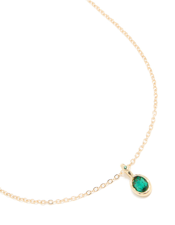 Gold Emerald Diamante Round Pendant Necklace