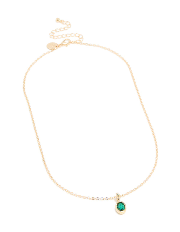 Gold Emerald Diamante Round Pendant Necklace