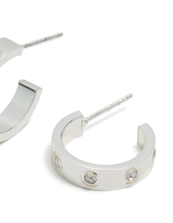 Crafted from waterproof stainless steel square cubic zirconia hoop earrings in silver post detail view