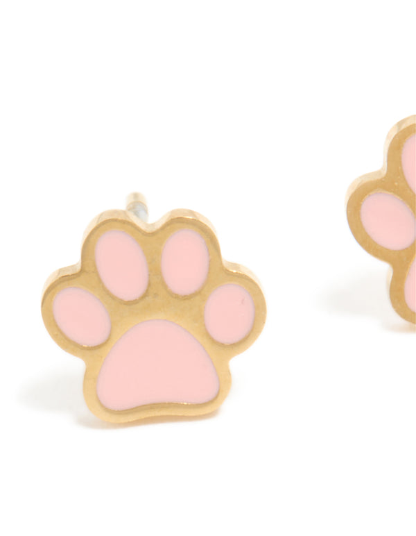 Featuring waterproof gold plated stainless steel paw stud earrings in light pink and gold hues with a close up view