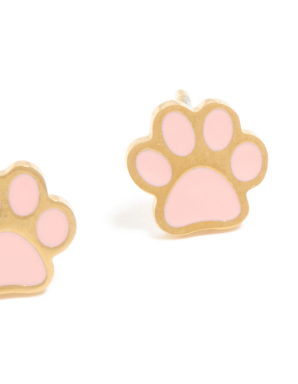 Crafted from waterproof gold plated stainless steel, these kids paw stud earrings in light pink and gold with a post detail view