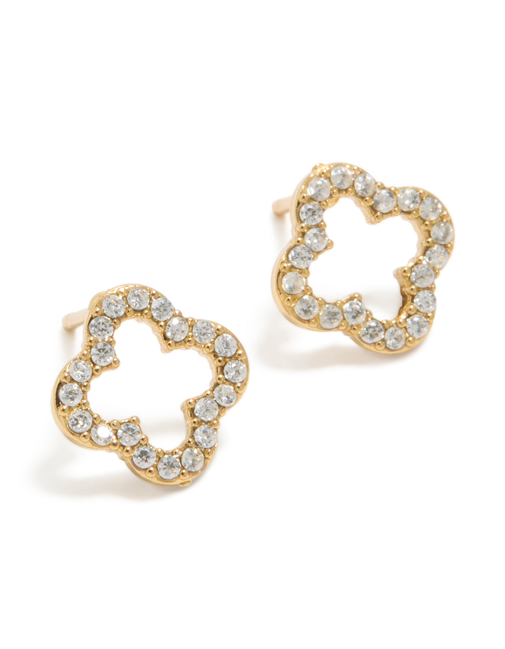 Showcasing waterproof gold plated stainless steel cubic zirconia outline flower stud earrings with floral detail front view
