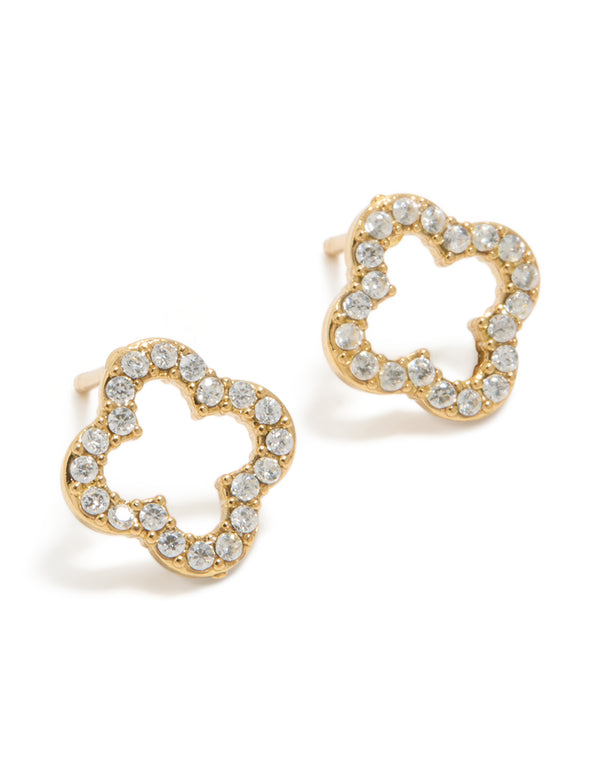 Showcasing waterproof gold plated stainless steel cubic zirconia outline flower stud earrings with floral detail front view