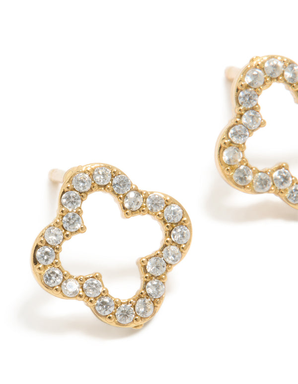 Crafted from waterproof gold plated stainless steel cubic zirconia outline flower stud earrings with floral design close up view