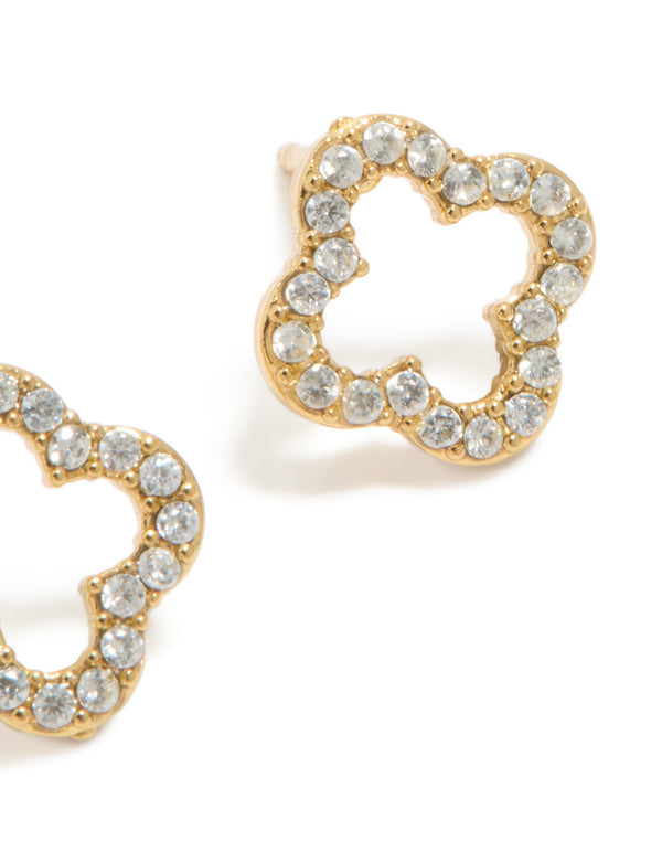 Highlighting waterproof gold plated stainless steel cubic zirconia outline flower stud earrings with floral detail post detail view