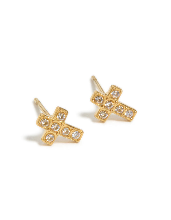 Featuring waterproof gold plated stainless steel cross stud earrings with cubic zirconia in statement style front view