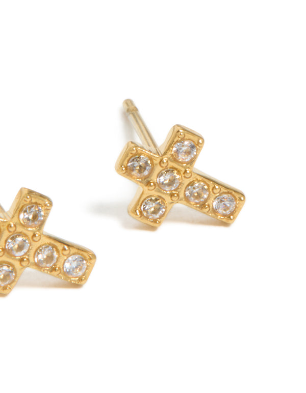 Revealing waterproof gold plated stainless steel cubic zirconia cross stud earrings with post detail view