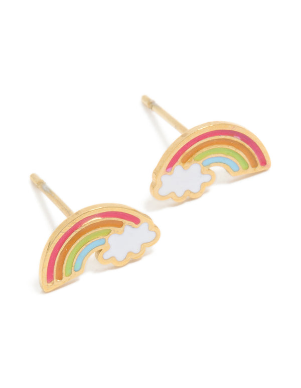 Showcasing kids waterproof stainless steel rainbow stud earrings with celestial feature in colorful enamel and gold plated finish front view