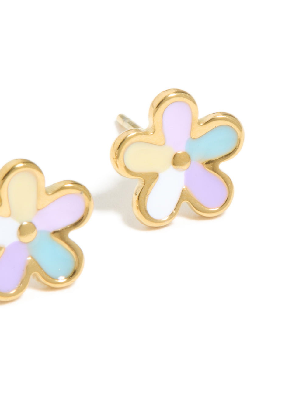 Highlighting waterproof gold plated stainless steel flower stud earrings with floral design featuring lavender, light blue, and light yellow enamel post detail view