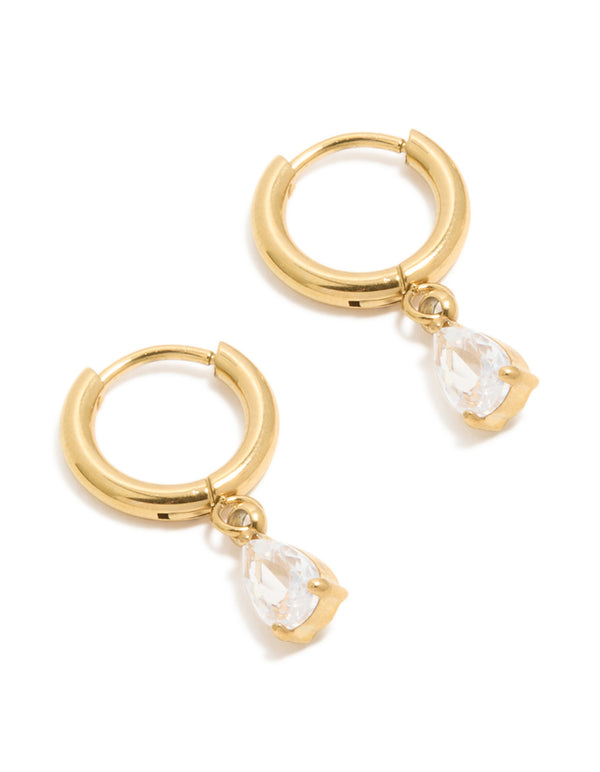 Dainty waterproof gold plated stainless steel huggie earrings featuring pear cut cubic zirconia charm front view