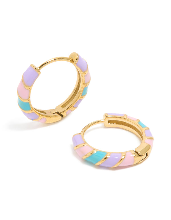 Kids Waterproof Gold Plated Stainless Steel Striped White & Purple Enamel Huggie Earrings