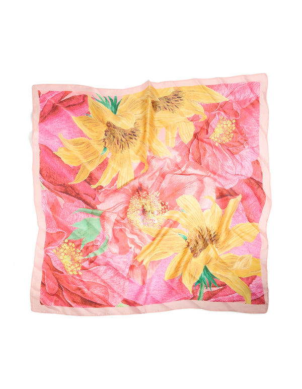 Beautifully crafted multicoloured statement fabric flower print scarf in coral, gold, light pink, and green detail view