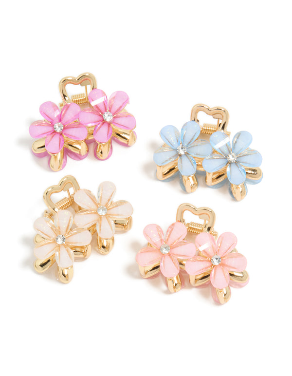 Gold Double Flower Diamante Claw Clips 4-Pack