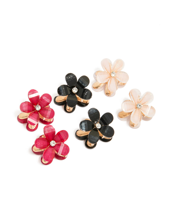 Discover gold diamante pink and black mini flower claw clips in a 6-pack featuring floral design with glitter accents front view
