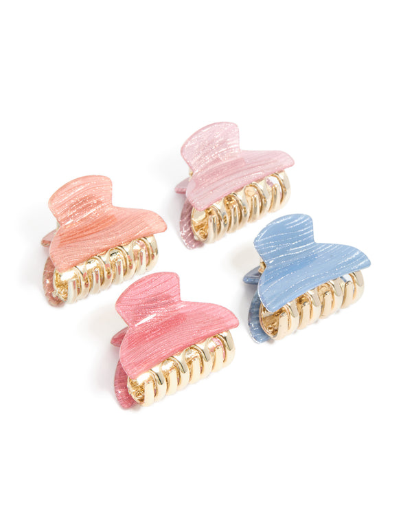Showcasing pink and blue mini claw clips 4-pack featuring glitter with gold finish front view