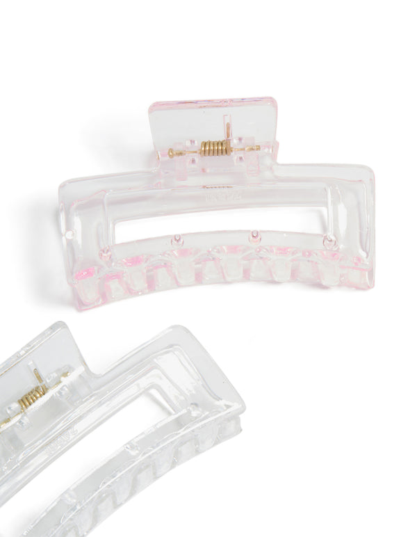 Designed with glitter 2-pack light pink and gold small rectangle claw clips side view