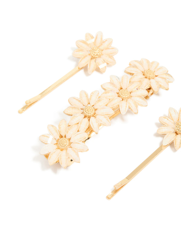 Explore gold detailed flowers hair clips in a 3-pack side view