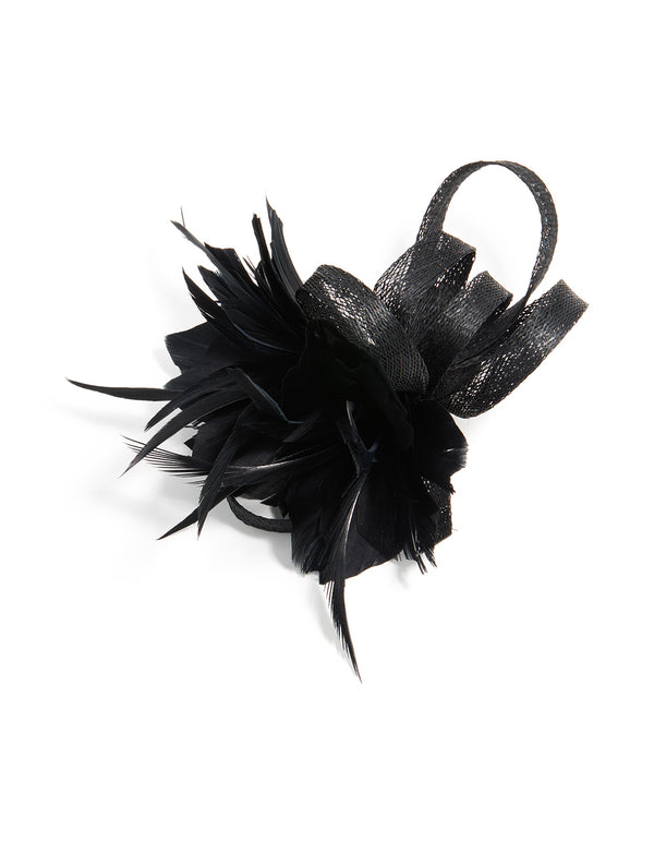 Elegant black loop feather hair clip with accent details, front view