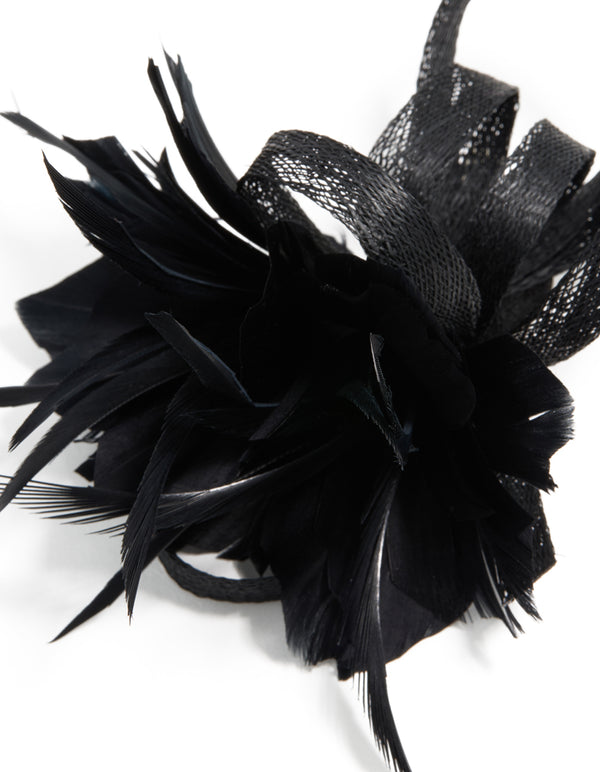 Stylish black loop feather hair clip with accents detail, side view