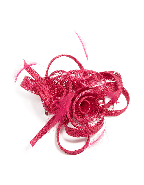 Showcasing a crimson sinamay fabric swirl and feather hair clip with floral details, front view