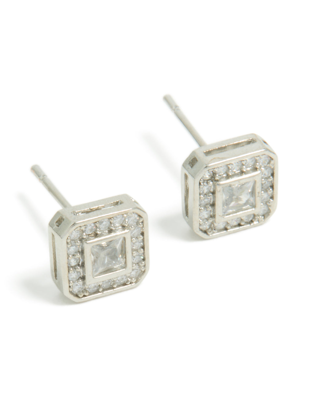 Featuring mens waterproof stainless steel square cubic zirconia stud earrings in silver front view