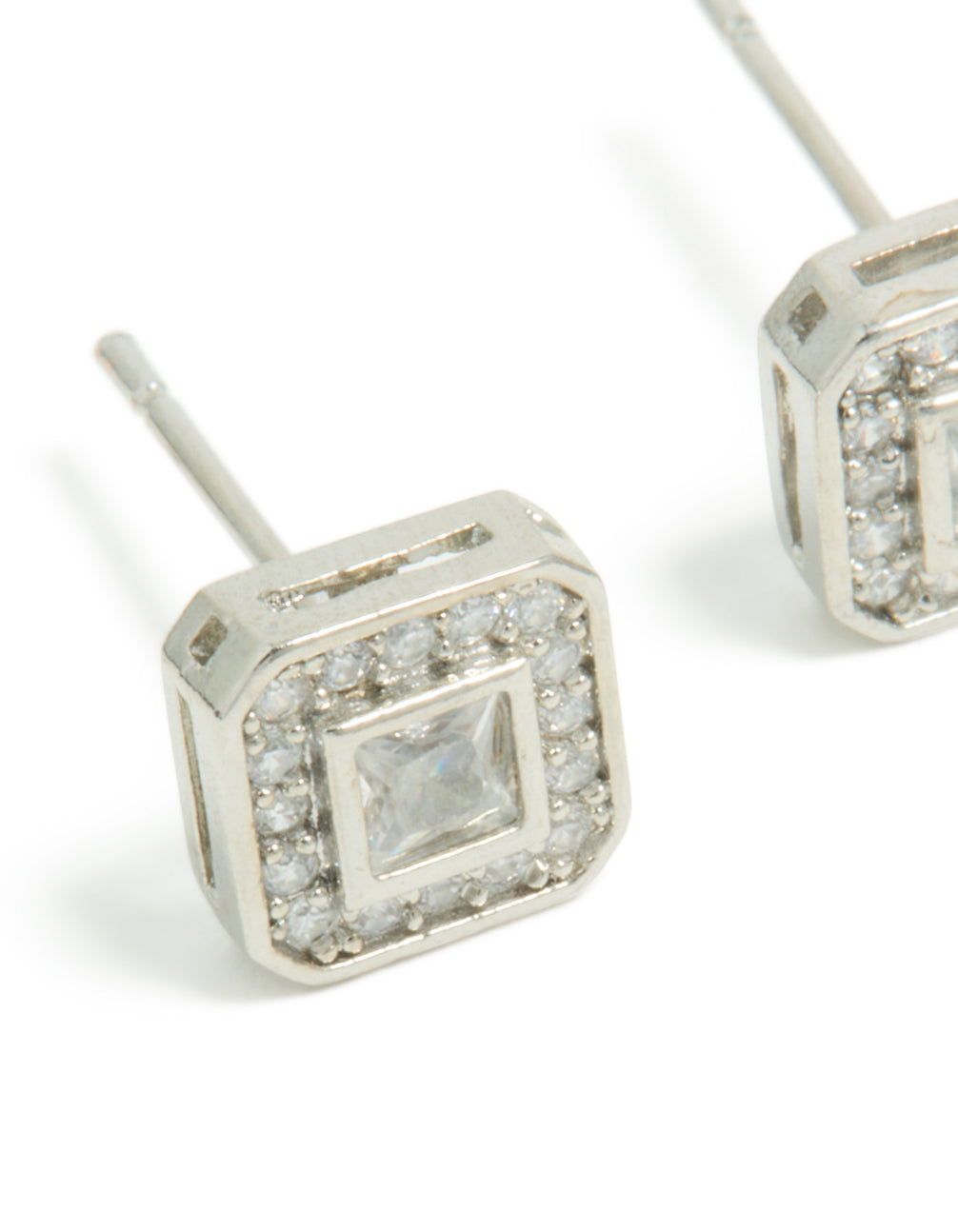 These square cubic zirconia stud earrings in silver are designed with waterproof stainless steel close up view
