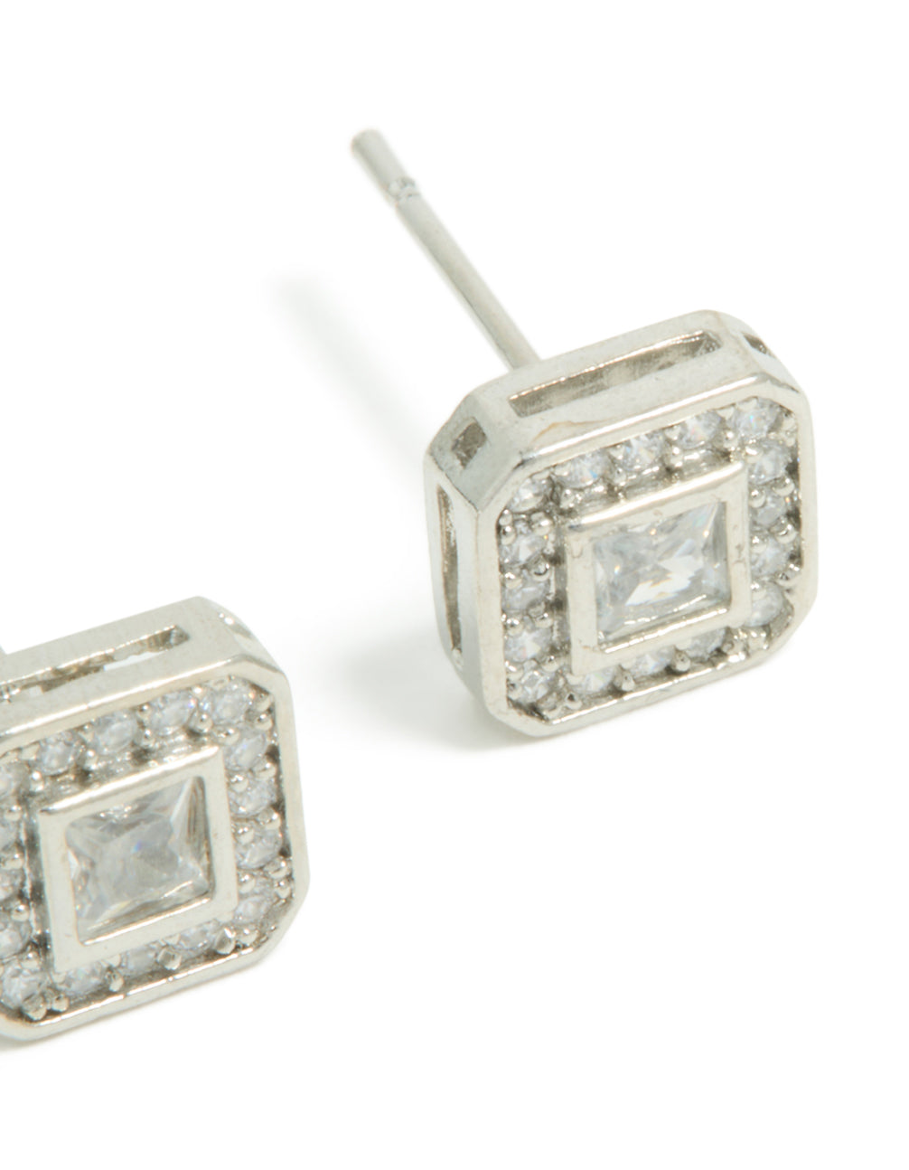Highlighting mens waterproof stainless steel square cubic zirconia stud earrings in silver post detail view