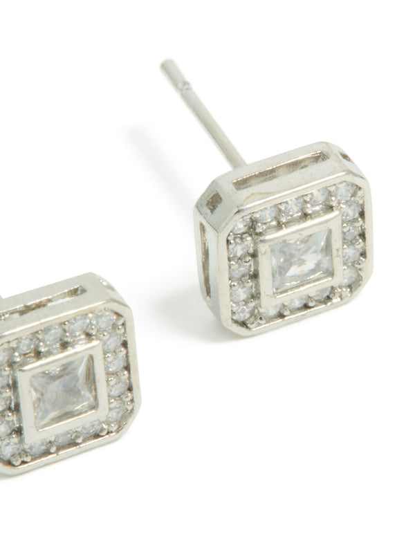 Highlighting mens waterproof stainless steel square cubic zirconia stud earrings in silver post detail view