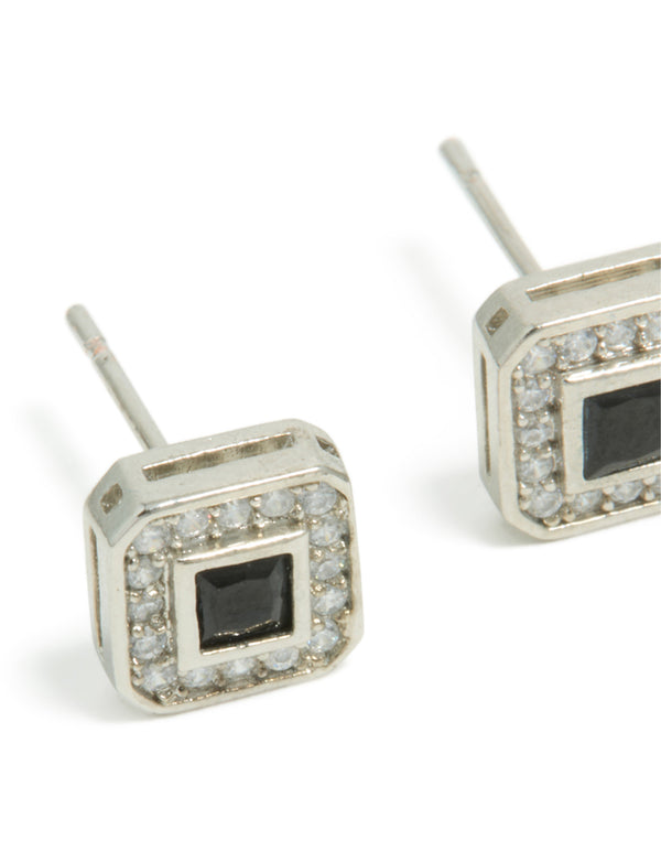Featuring mens waterproof pave square stud earrings designed with stainless steel and black cubic zirconia close up view