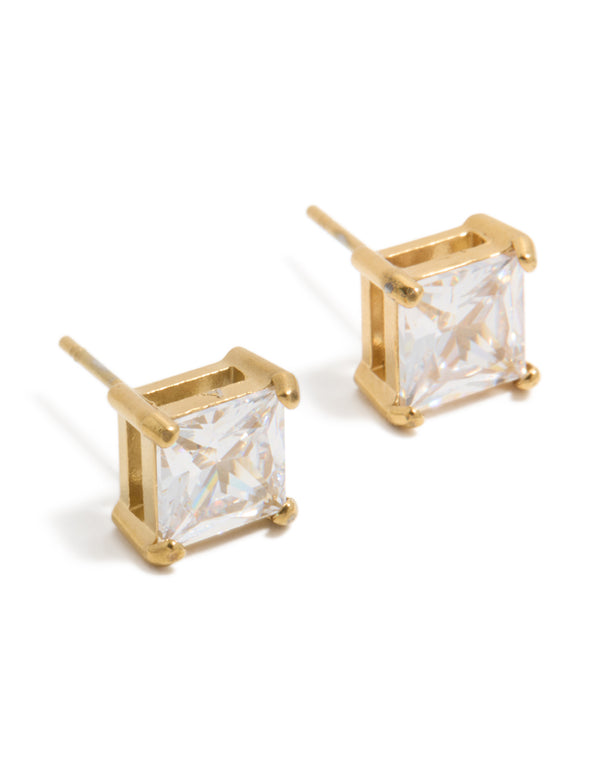 Showcasing mens waterproof large square stud earrings crafted from stainless steel with cubic zirconia in gold plated finish front view