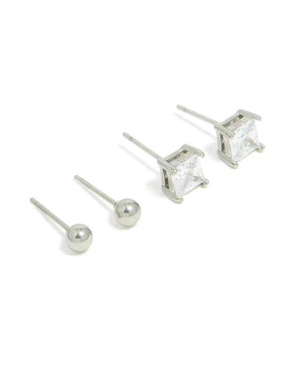 Discover mens waterproof stainless steel square cubic zirconia and ball earrings 2 pack with stud closure front view