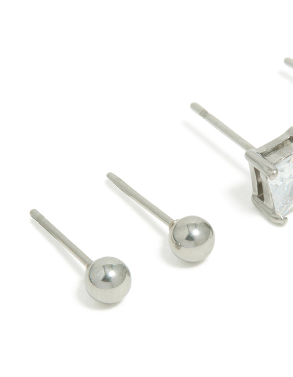 Featuring mens waterproof stainless steel square cubic zirconia and ball earrings 2 pack close up view