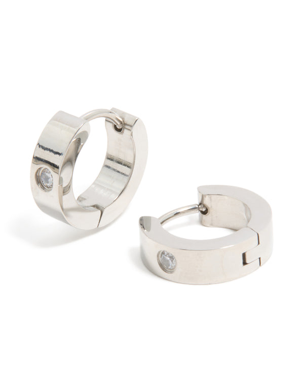 Featuring mens waterproof stainless steel cubic zirconia huggie earrings front view