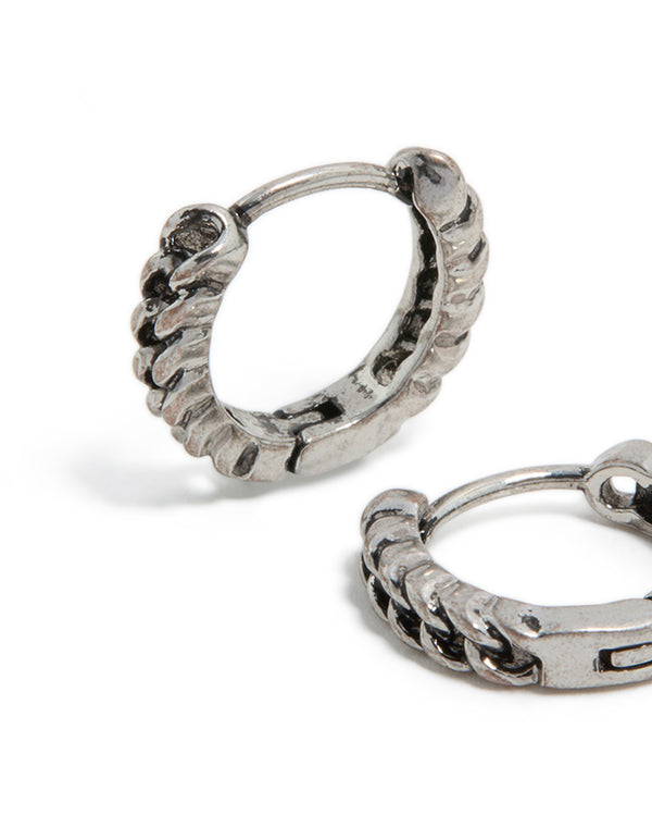 Featuring mens stainless steel chain detail huggie earrings with closure in silver close up view