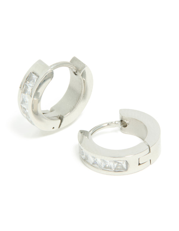 Crafted from mens waterproof stainless steel square cubic zirconia huggie earrings in silver front view