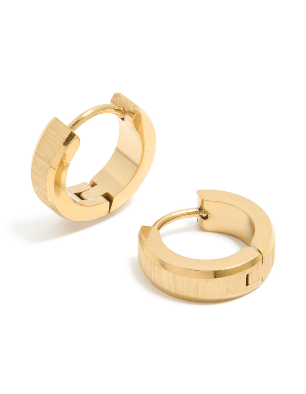 Displaying mens waterproof gold plated stainless steel brushed huggie earrings front view