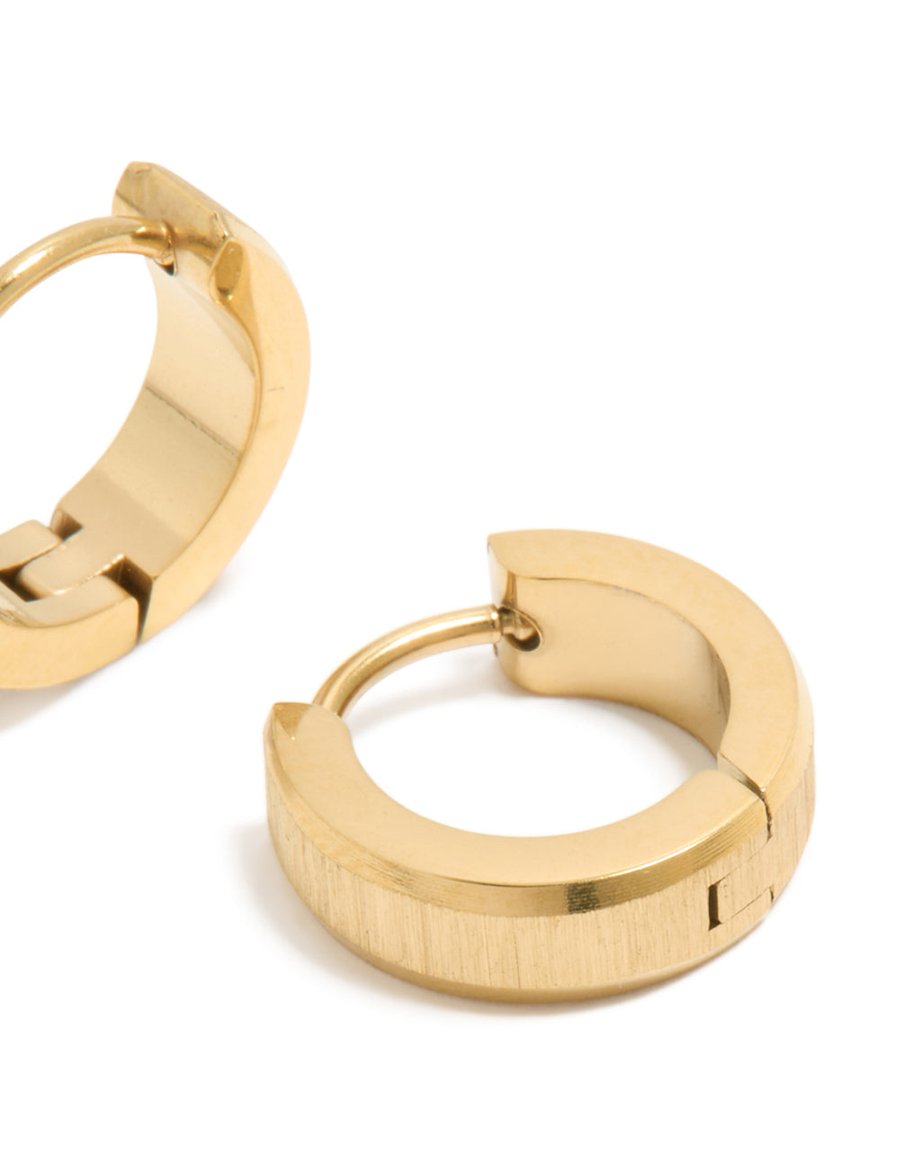 Detailed view of mens waterproof gold plated stainless steel brushed huggie earrings post detail view