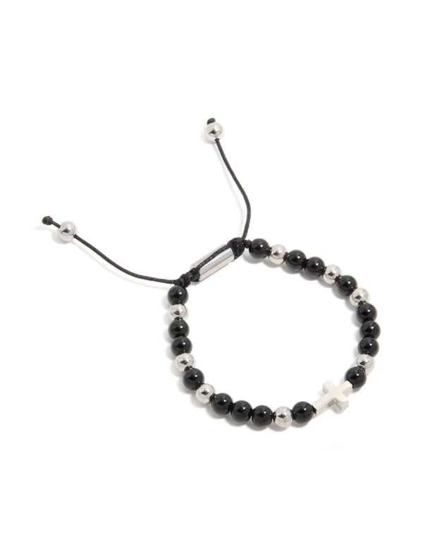 Discover a mens waterproof stainless steel black beaded and cross cord bracelet in front view
