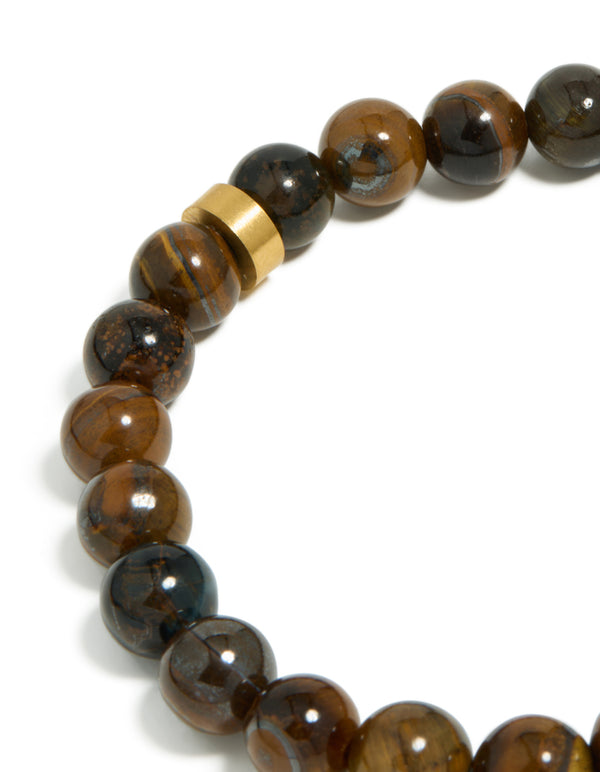 Mens Waterproof Stainless Steel Tiger's Eye Beaded Bracelet