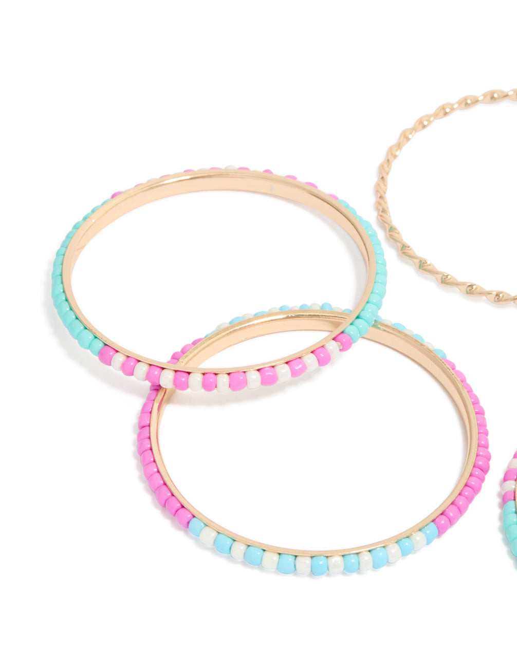 Vibrant beaded bangle set featuring gold, pink and blue accents in close up view
