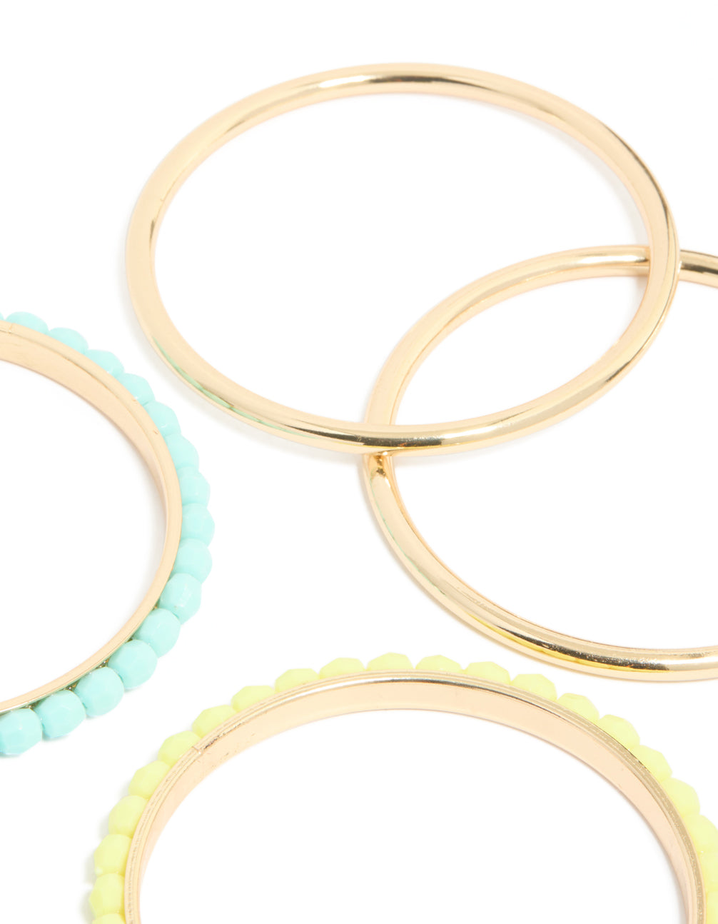 Featuring beaded acrylic bangles in gold, blue and yellow 6-pack in close up view
