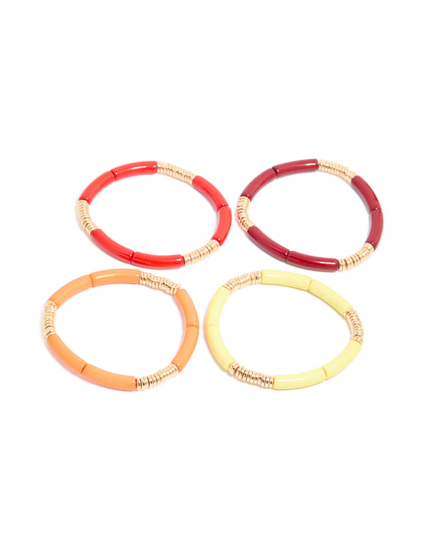 Discover multicolored acrylic bracelets with beads features in gold rings 4-pack with front view