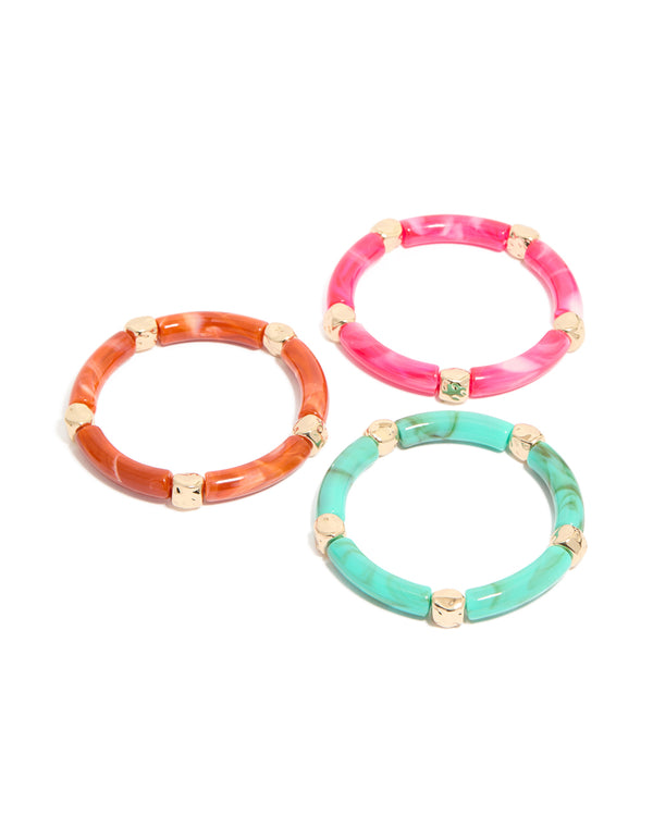 Worn Gold Pink & Turquoise Acrylic Stretch Link Bracelets 3-Pack
