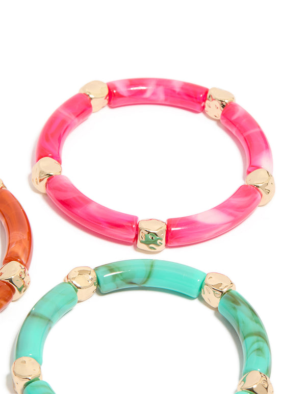 Worn Gold Pink & Turquoise Acrylic Stretch Link Bracelets 3-Pack