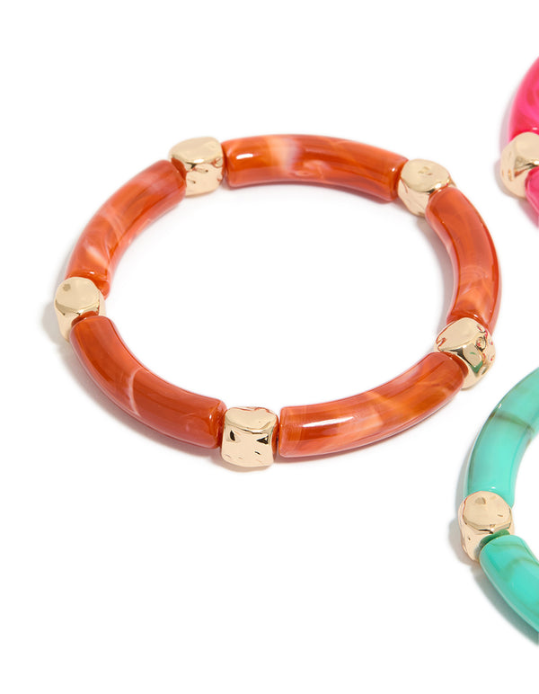 Worn Gold Pink & Turquoise Acrylic Stretch Link Bracelets 3-Pack