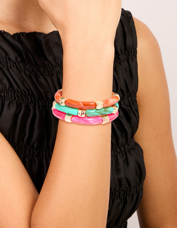 Worn Gold Pink & Turquoise Acrylic Stretch Link Bracelets 3-Pack