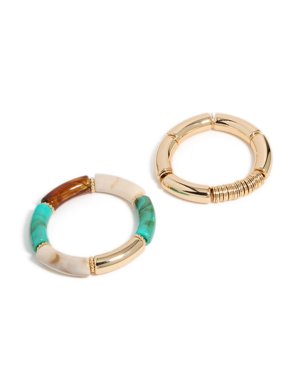Gold With Rings & Acrylic Stretch Bracelets 2-Pack