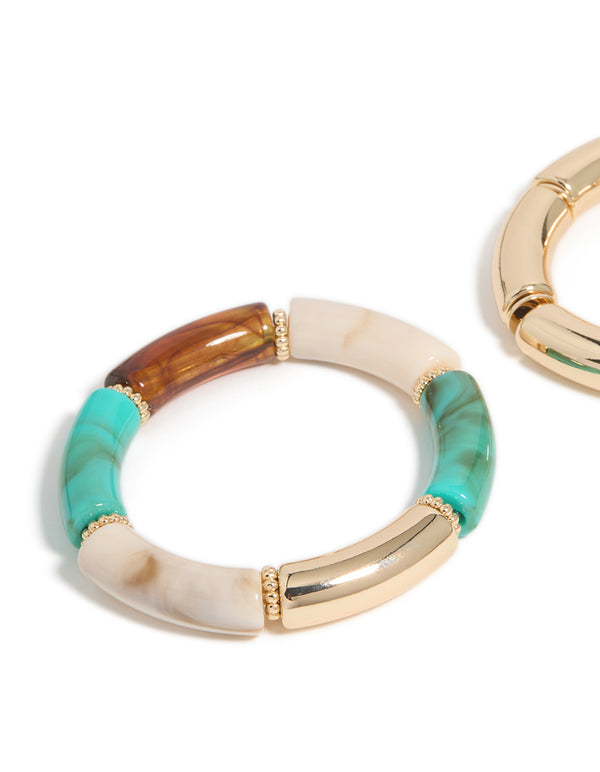 Gold With Rings & Acrylic Stretch Bracelets 2-Pack
