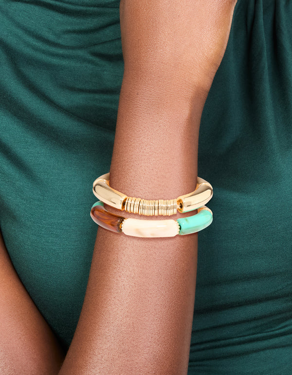 Gold With Rings & Acrylic Stretch Bracelets 2-Pack